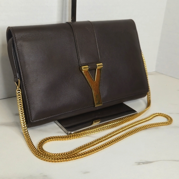 YSL Brown Leather Y-Ligne Clutch Pochette Shoulder Bag with Chain - Picture 2 of 12